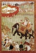 unknow artist Shah Jahan Riding on an Elephant Accompanied by His Son Dara Shukoh Mughal oil painting